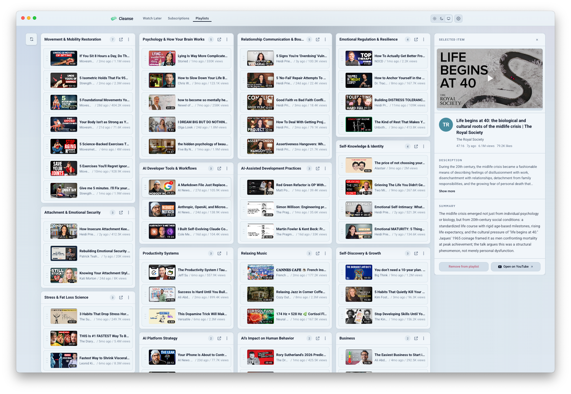 Cleanse playlists board with organized saved videos